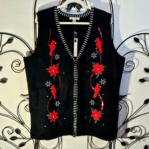 Black Vest with Embroidered Poinsettias